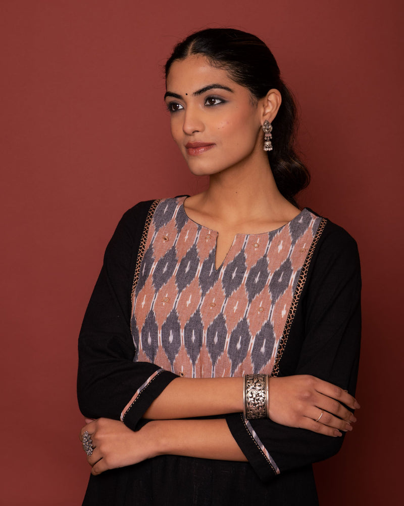 BLACK KURTA-COTTON FLEX PANT-IKKAT ROUND NECK MIRROR WORK WITH KATHA KURTA PANT SET