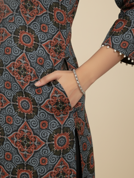 Blue Colour Cotton V-Neck Floral Print Bead Work Kurta For Women's