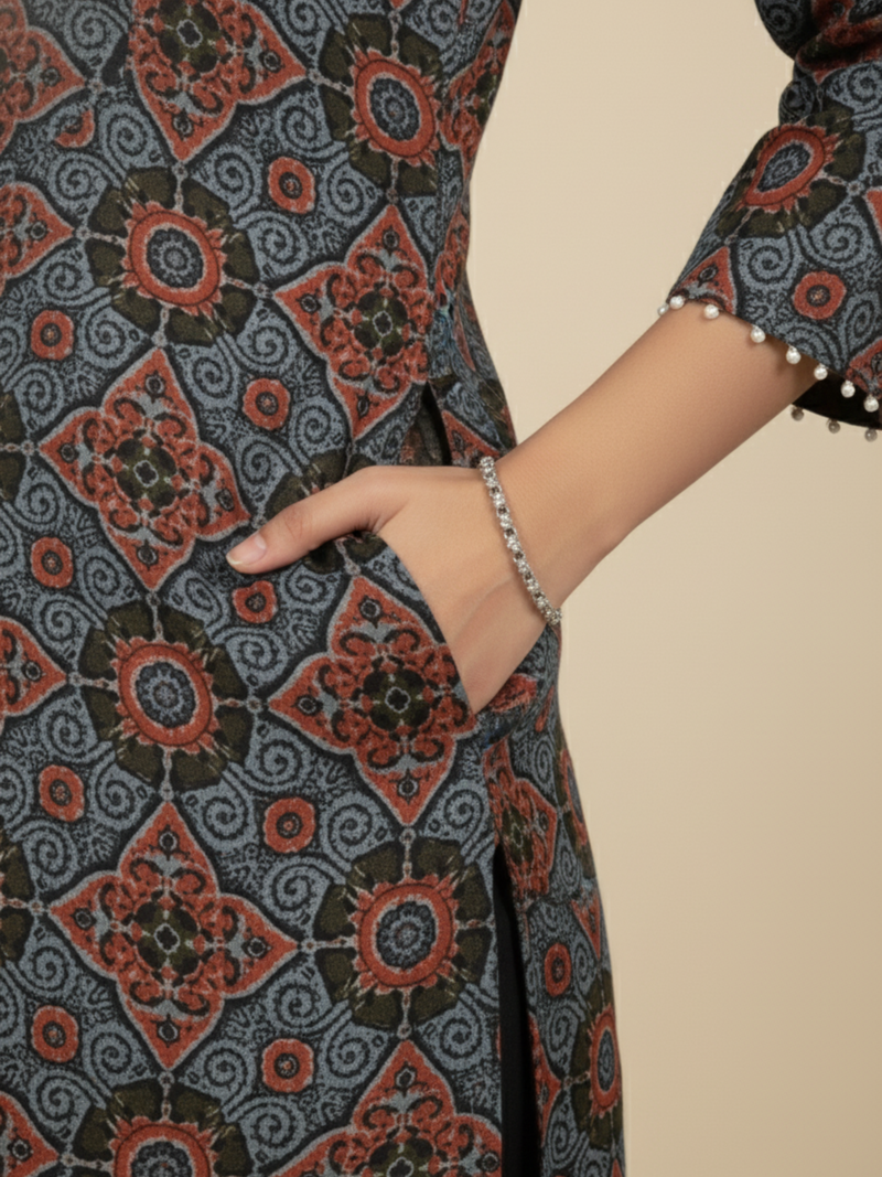 Blue Colour Cotton V-Neck Floral Print Bead Work Kurta For Women's