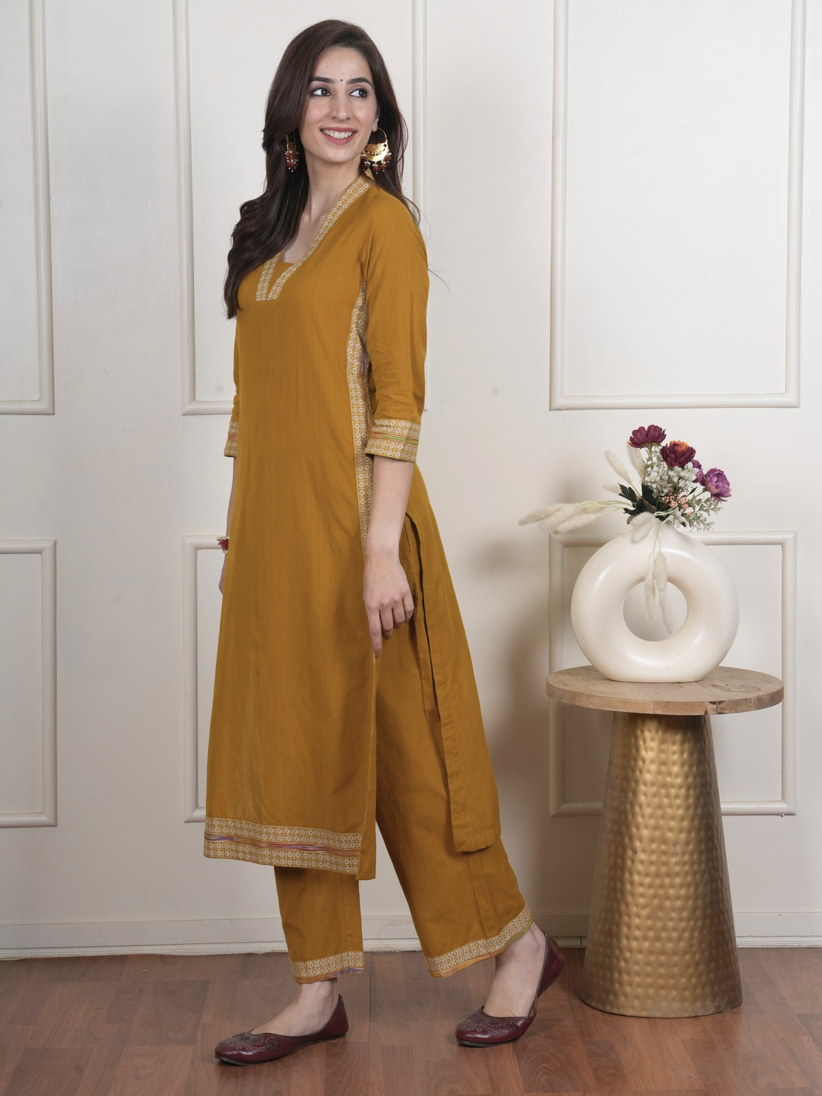 Mustard South Handloom Kurta Pant Set For Women's