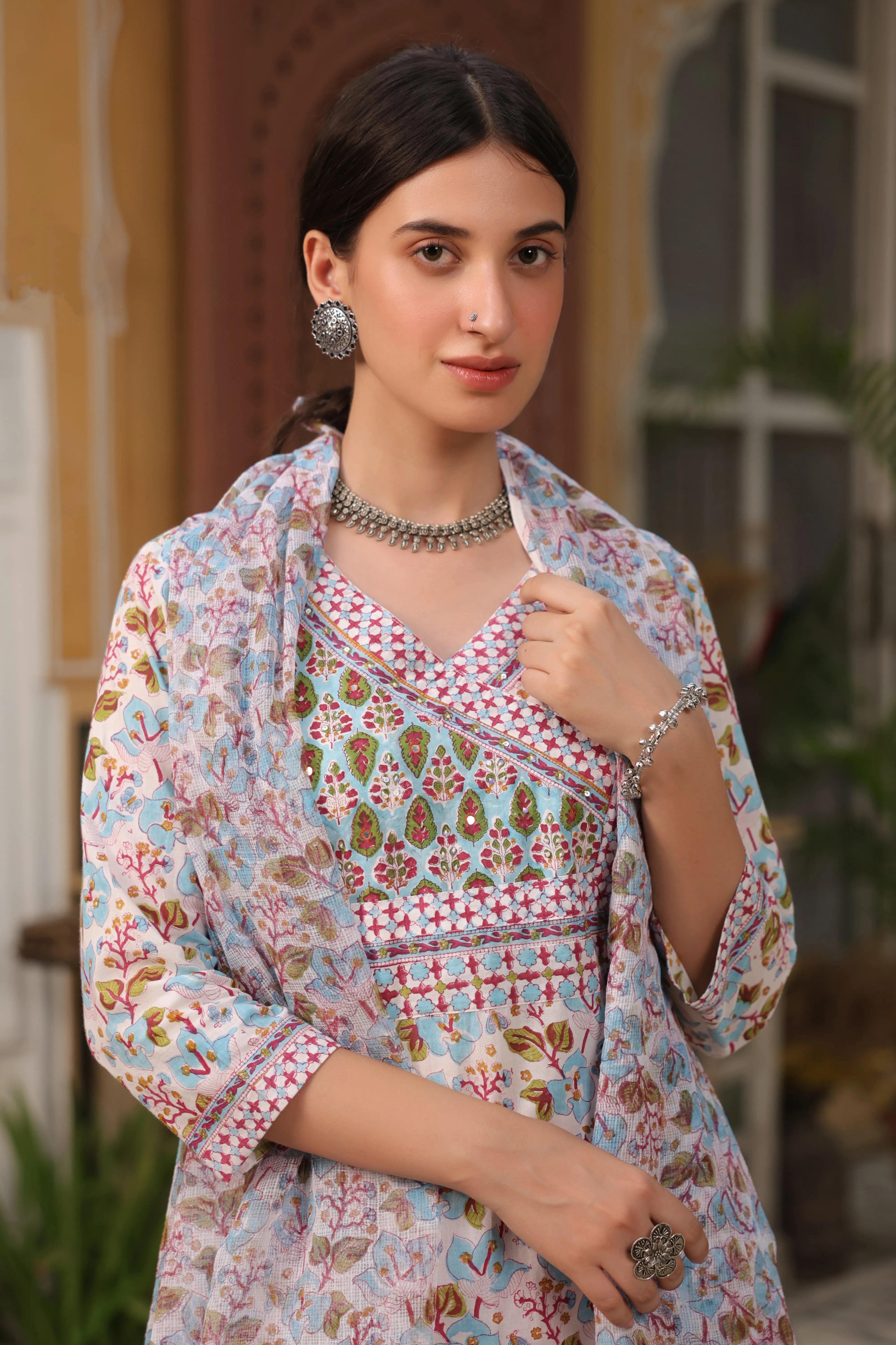 Indira Handblock Aline Kurta Dupatta Set(Pant Not Included)