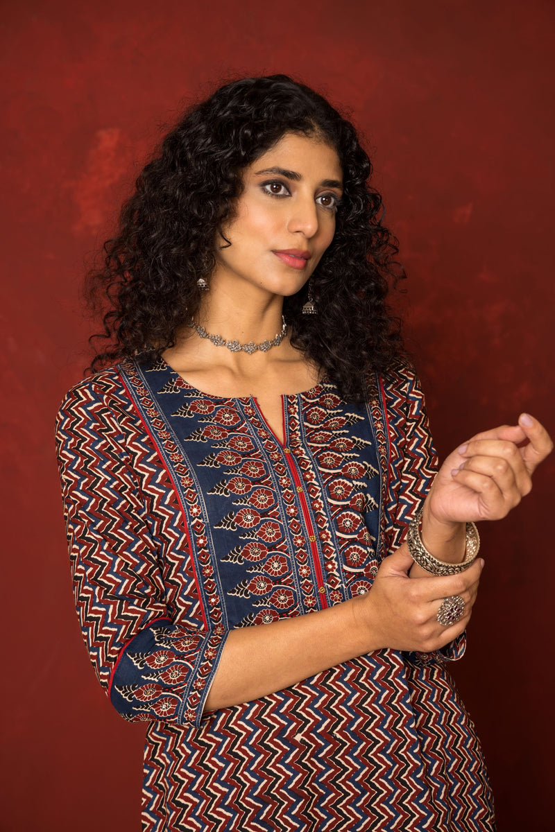 Indigo & Maroon Cotton Modal Kurta For Women's