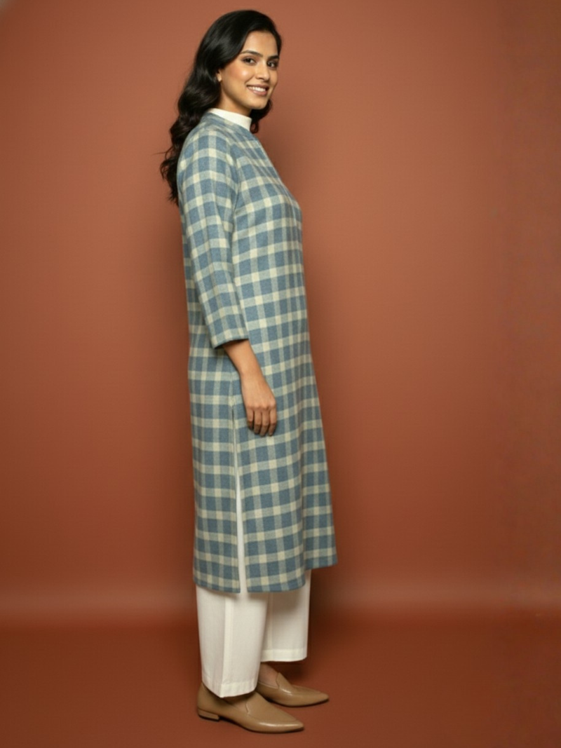 Sage Blue Woolen Checkered Kurta