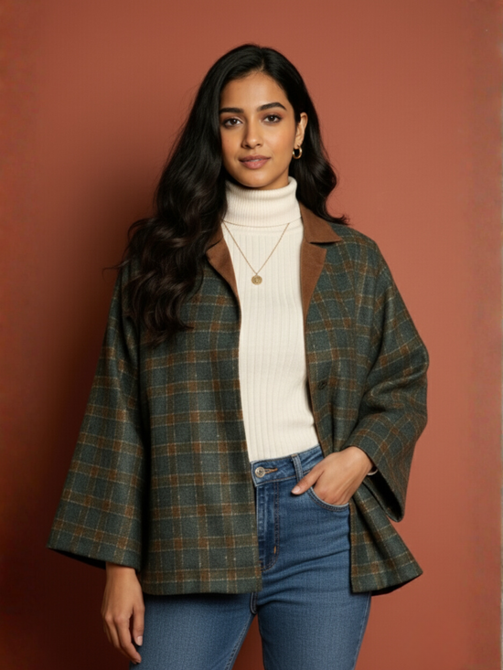 Green Colour Merino Wool Collar Neck Checkered Print Short Jacket For Women's