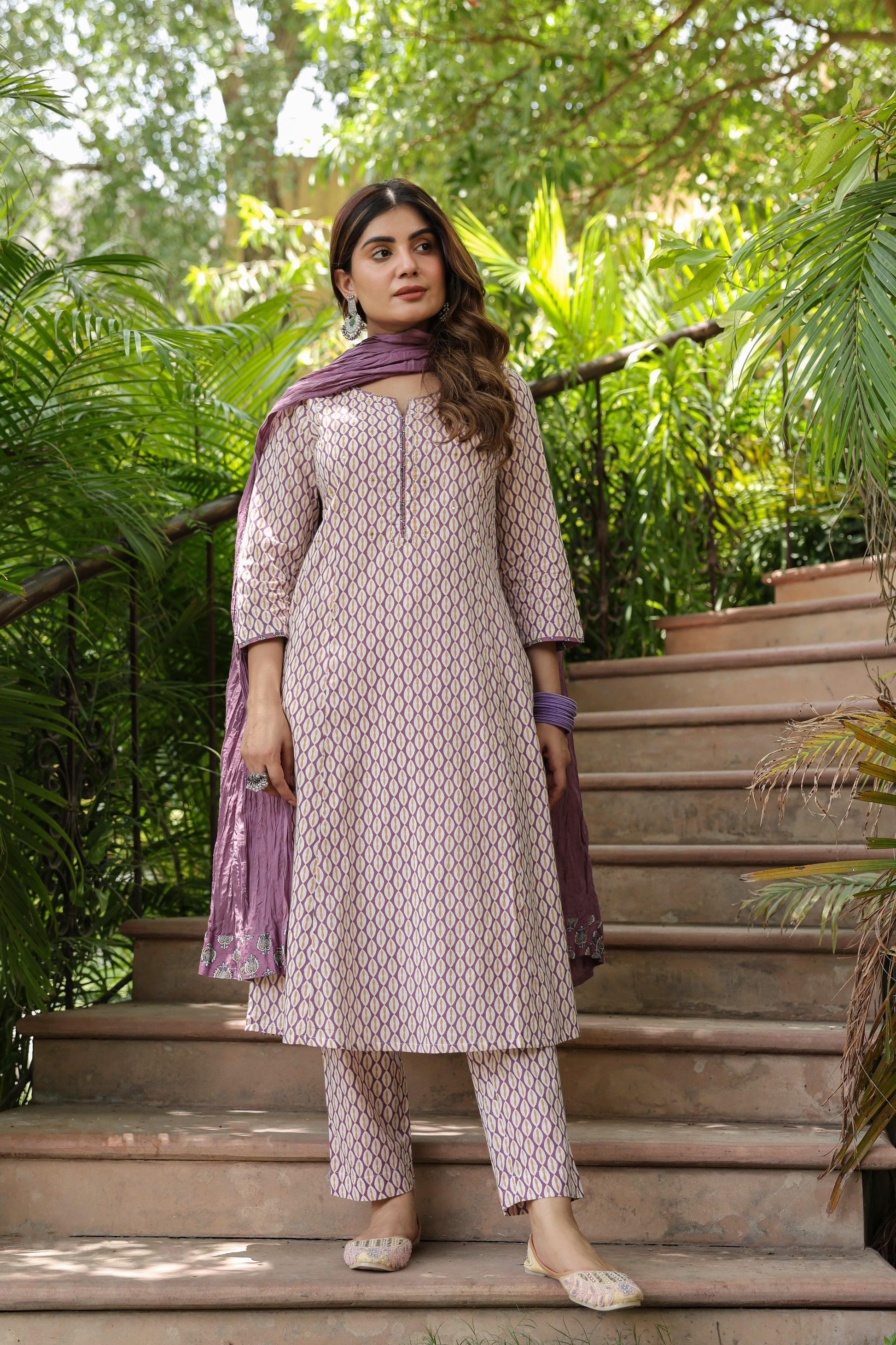 Mauva A-Line Kurta Pant Set With Dupatta