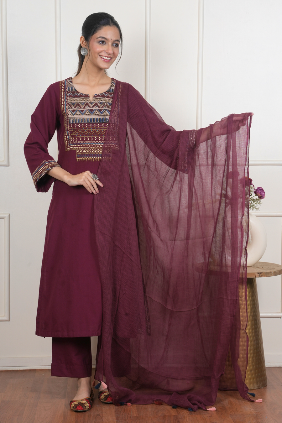 Maroon Kalamkari Kurta Pant(Dupatta Not Included)