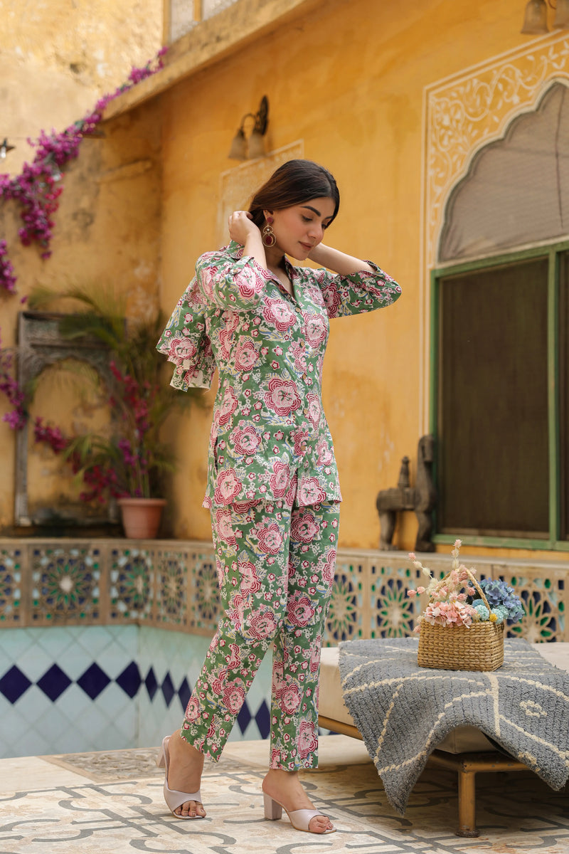 Green With Multicolored Cotton Collar Neck Handblock Co-Ord Set For Women's