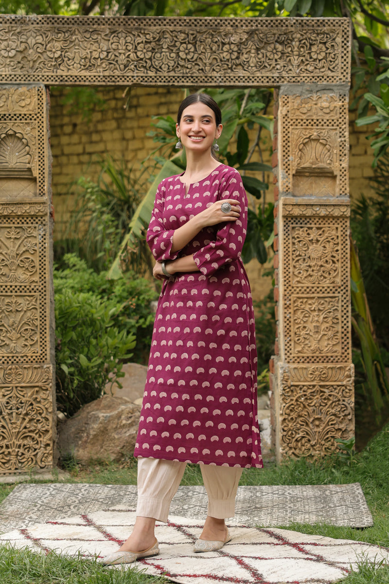 Wine Cotton Round Neck Straight Kurta For Women's