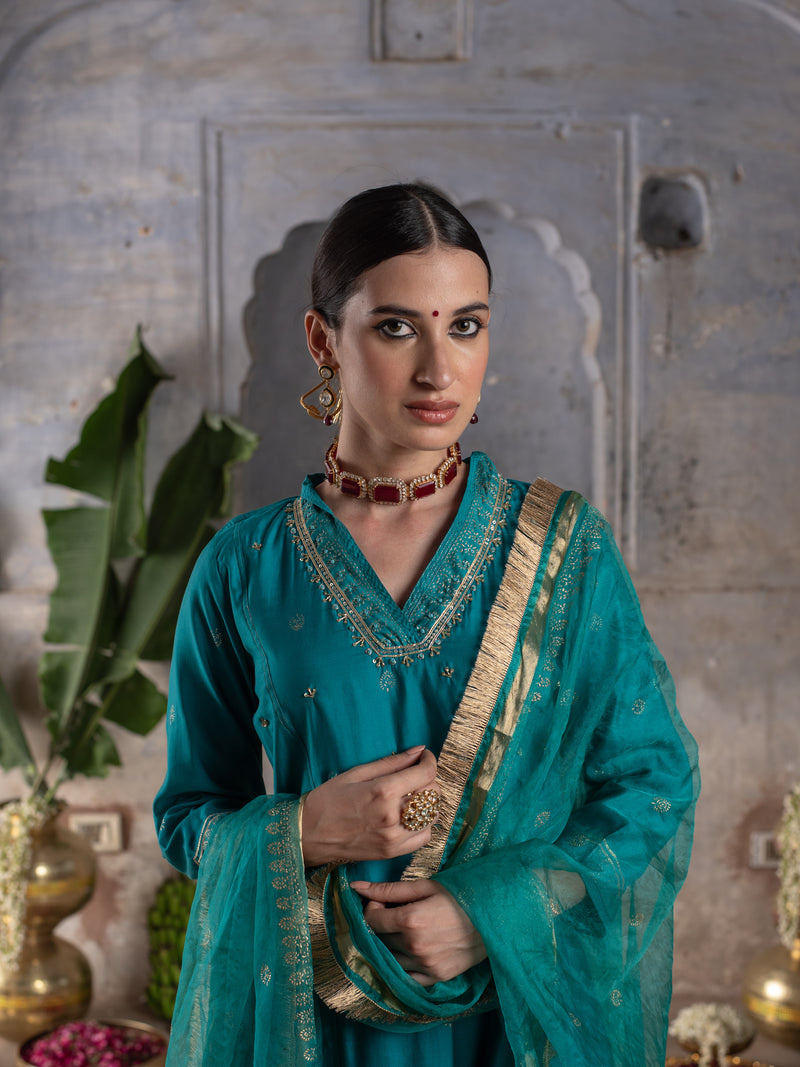 Rama Green Chanderi V-Neck Complete Suit Set For Women's