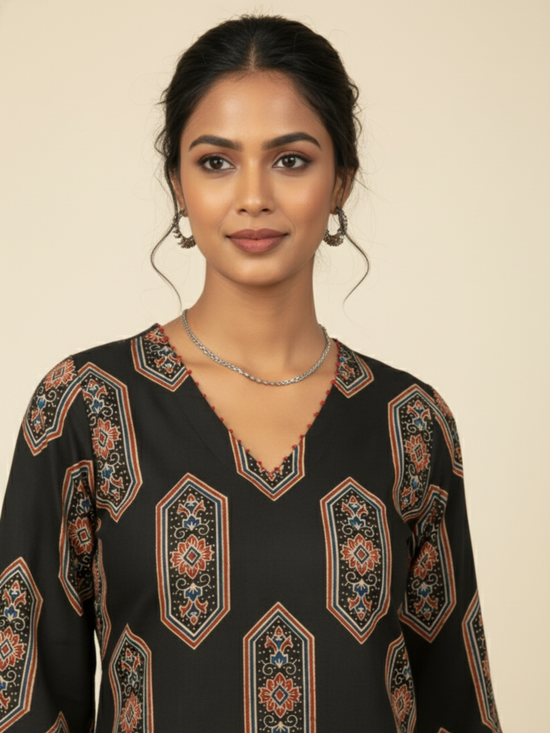 Black Colour Cotton V-Neck Abstract Print Bead Work Kurta For Women's