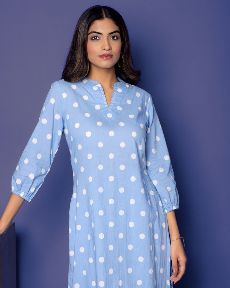 BLUE COTTON COLLAR NECK WITH POLKA PRINT KURTA PANT SET