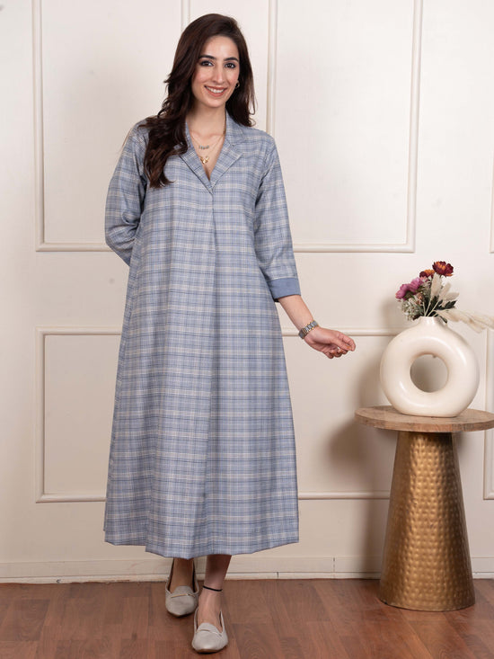 Minor Blue Colour Collar Neck Large Checks Woolen Dress For Women's