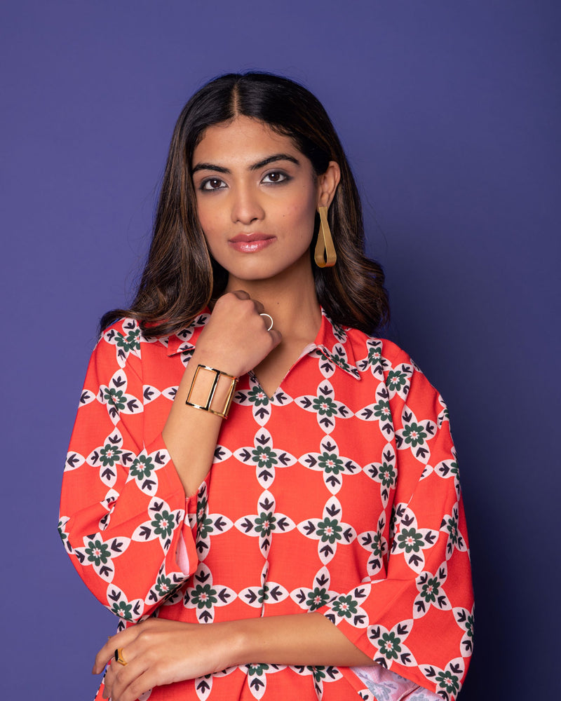 Multicolored Linen Blend Collar Abstract Print Co-Ord Set For Women's