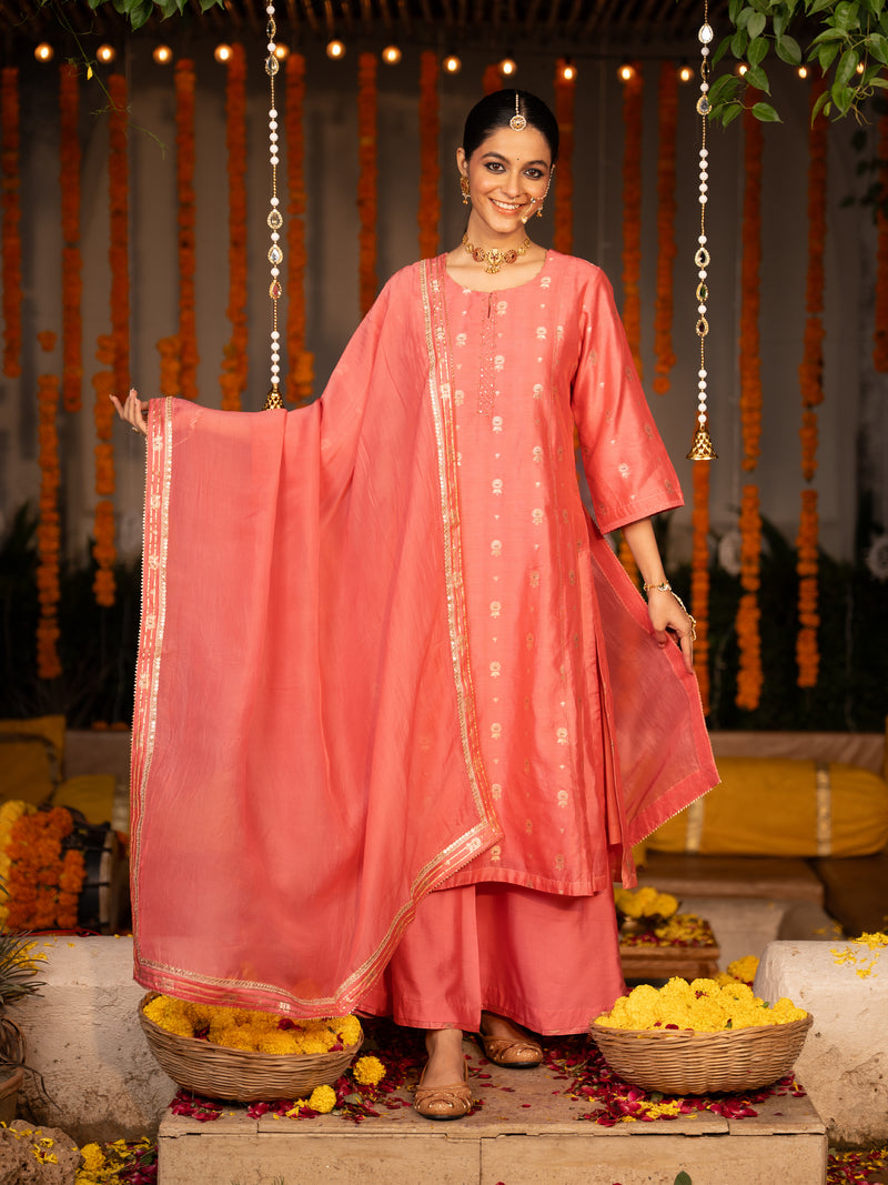 Peach Pure Chanderi Round Neck Complete Suit Set For Women's