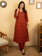 Brick Red Colour Cotton V-Neck Abstract Print Kurta For Women's