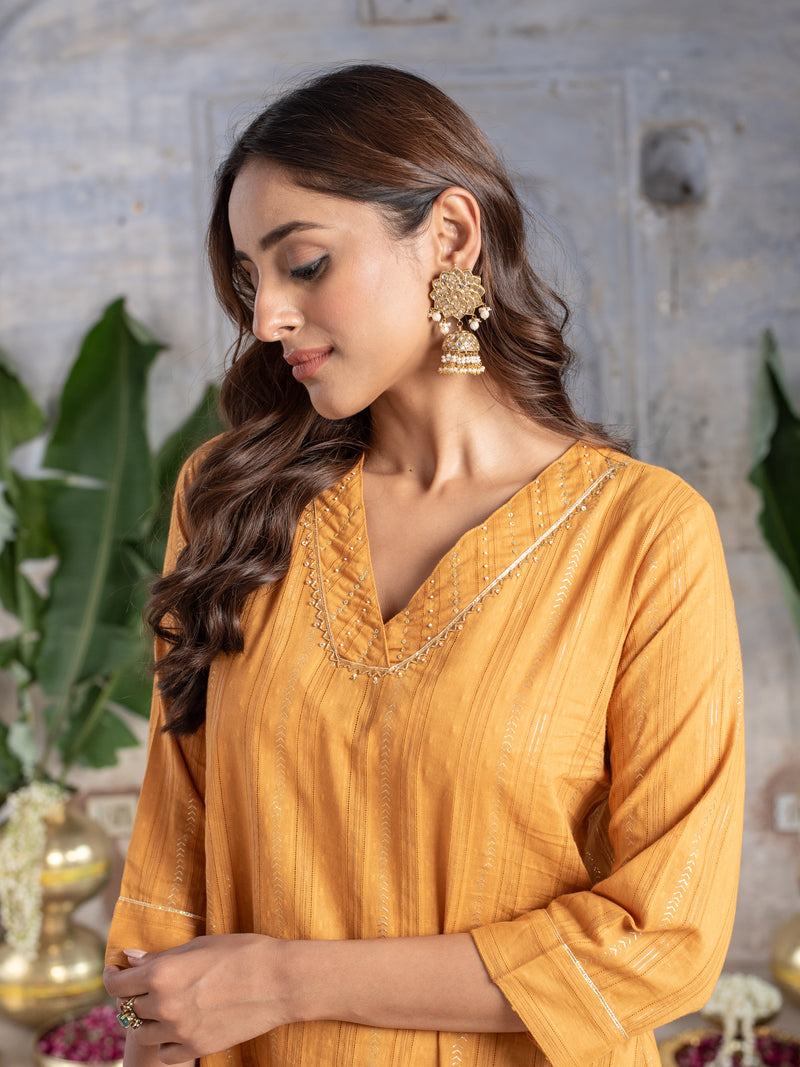 MUSTERD COTTON DOBBY V NECK BEADS WORK WITH GOTA KURTA PANT SET