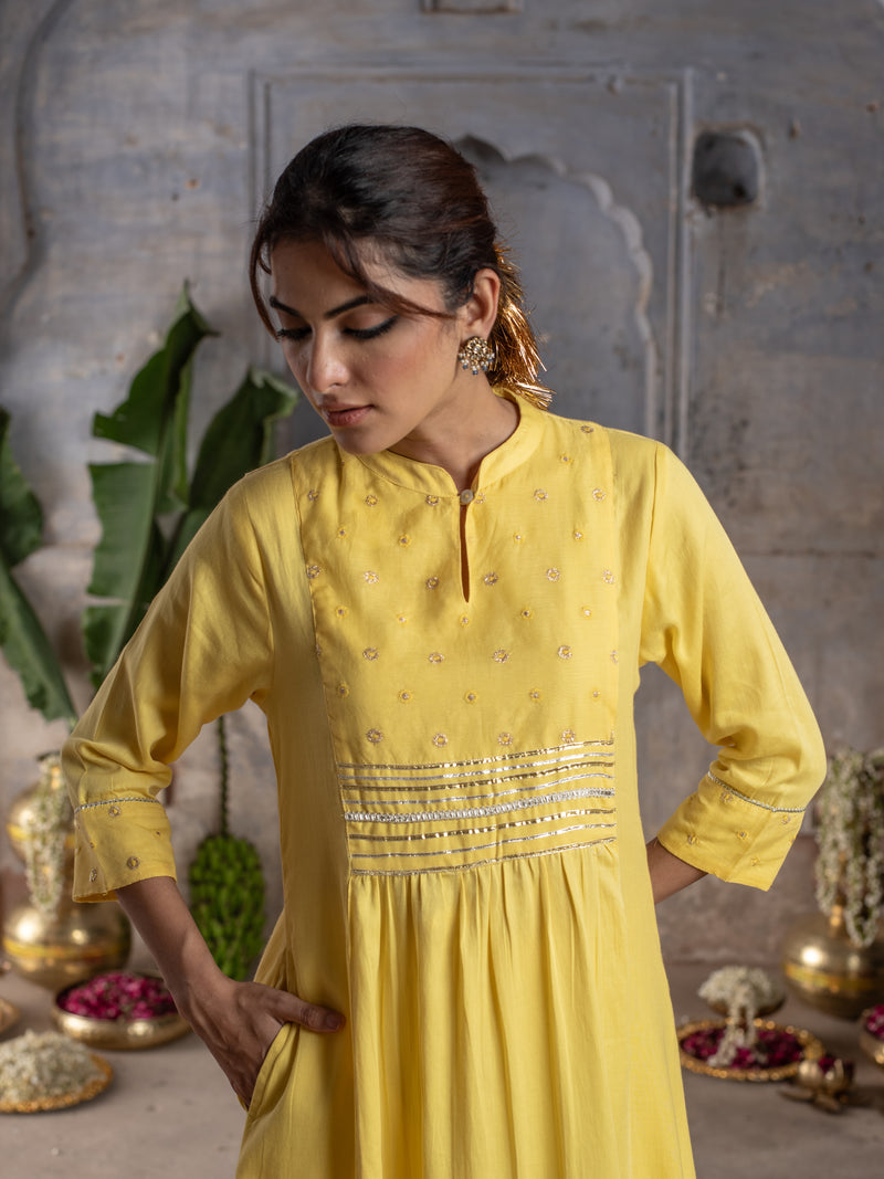Yellow Jam Cotton Collar Neck Kurta Pant Set For Women's