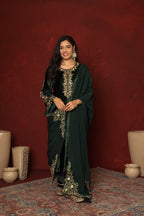 GREEN VELVET ROUND NECK DUPATTA HIGHLIGHTED  WITH ZARI EMBROIDERY FULL SET