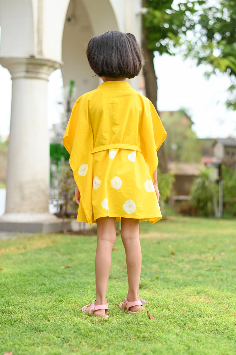 Yellow Handdone Bandhani Printed Kaftan-Kids