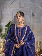 Purplish Blue Chanderi Round Neck Kurta Skirt with Dupatta Set For Women's