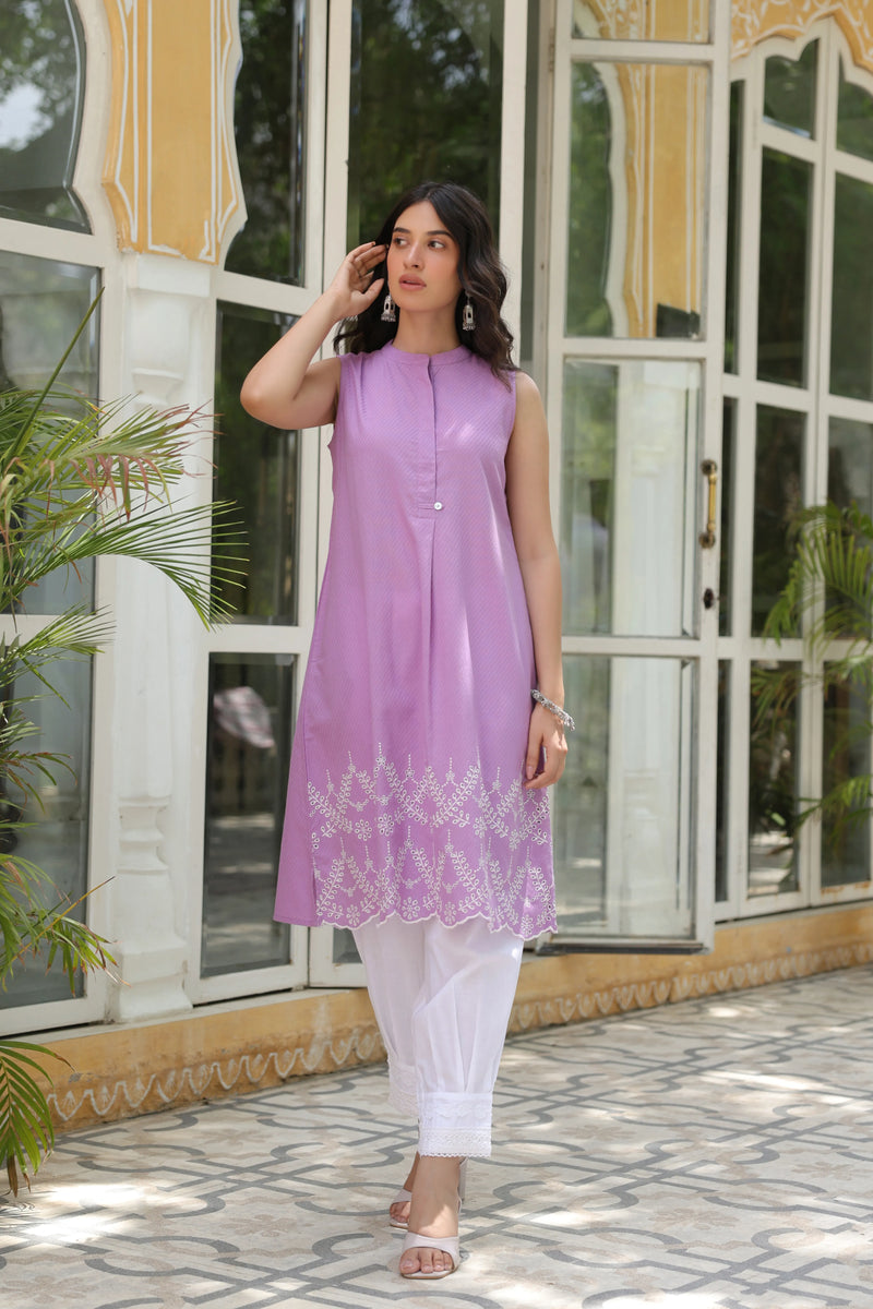 Lavendar Cotton Dobby Kurta For Women's