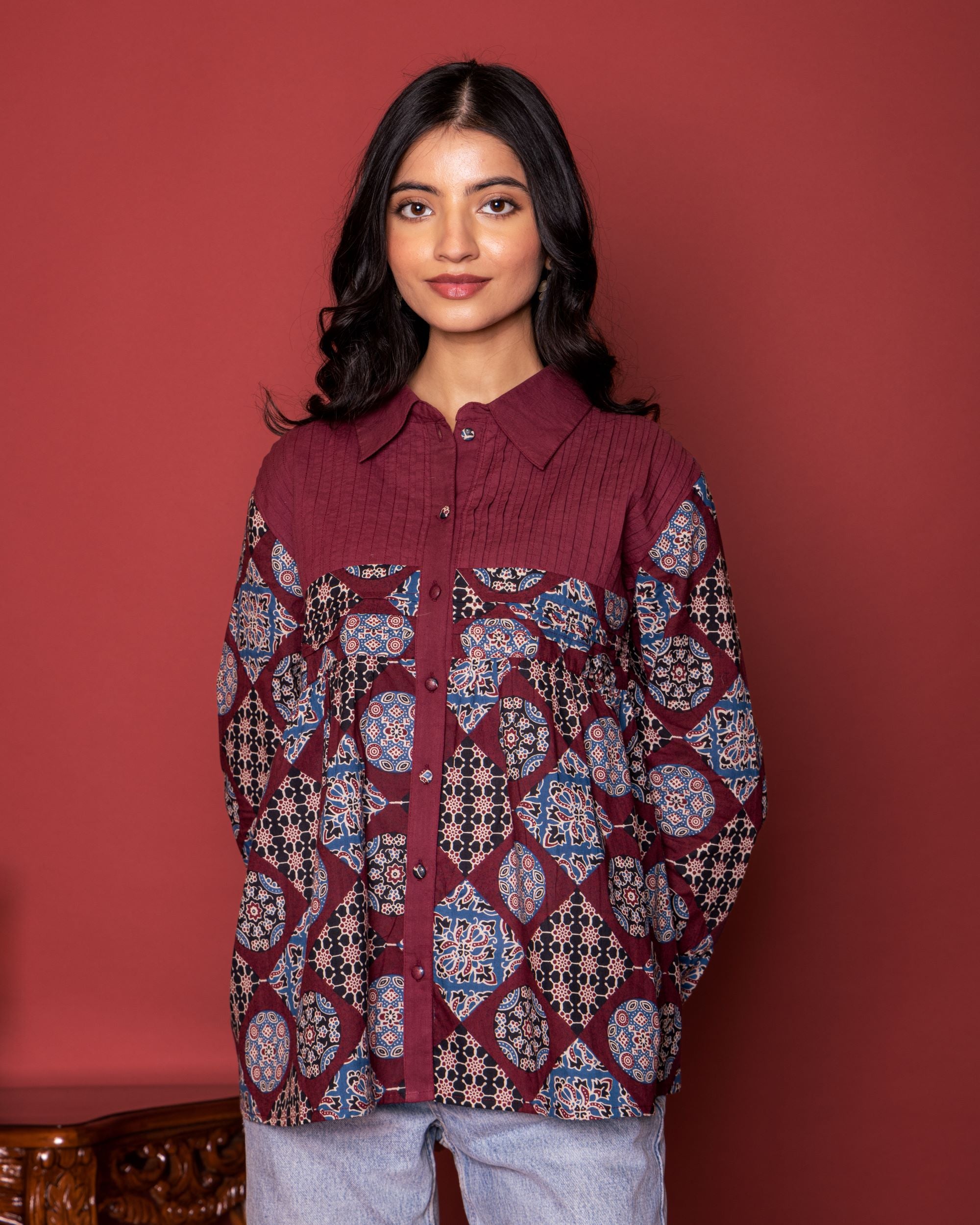 Marron Cotton Collar Short Top For Women's