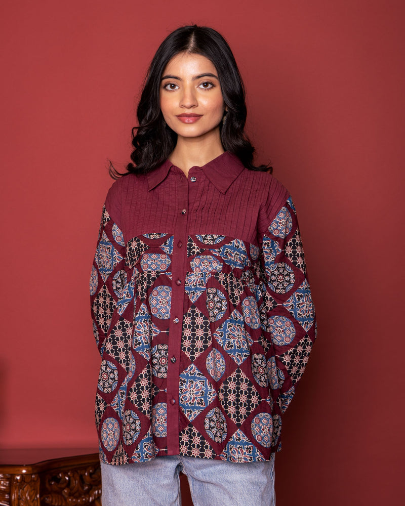 Marron Cotton Collar Short Top For Women's