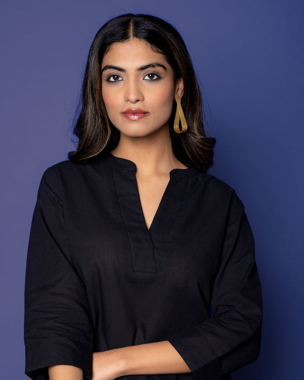 Black Cotton Linen Collar Co-Ord Set For Women's