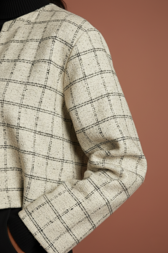 White Colour Merino Wool Round Neck Checkered Print Short Jacket For Women's