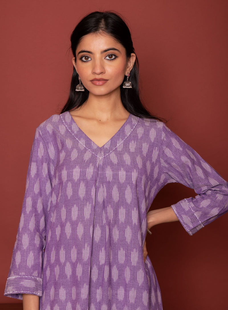 Purple Ikkat V-Neck Kurta For Women's