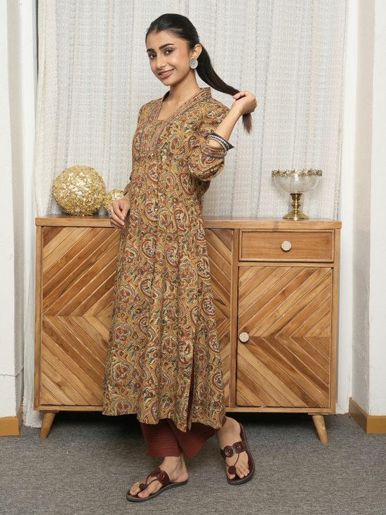 Olive Beige Hand-Done Kalamkari Kurta