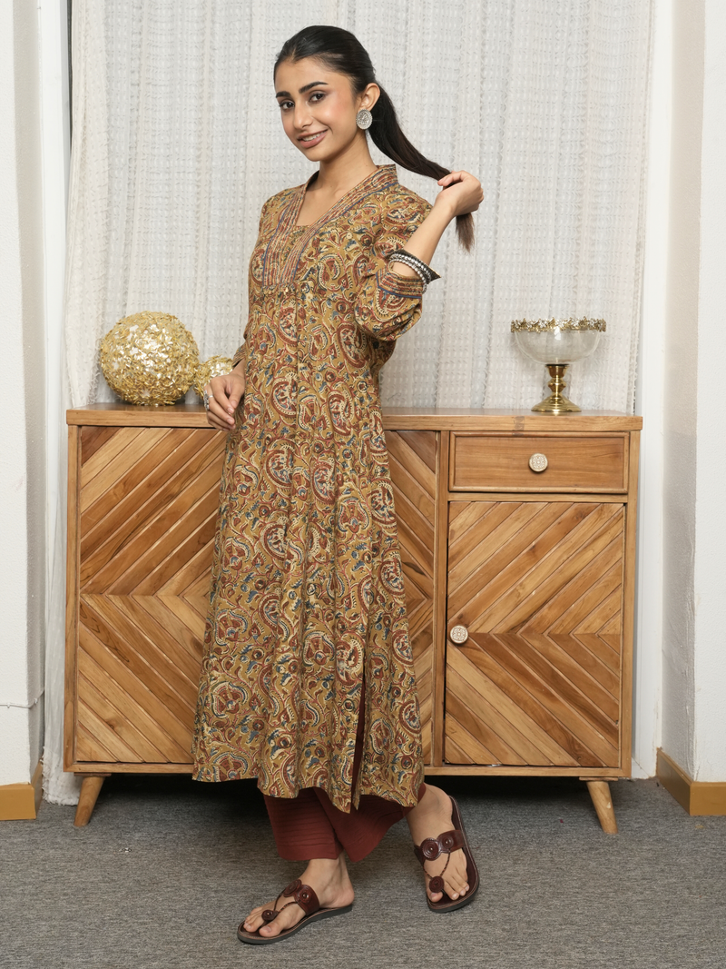 Olive Beige Hand-Done Kalamkari Kurta