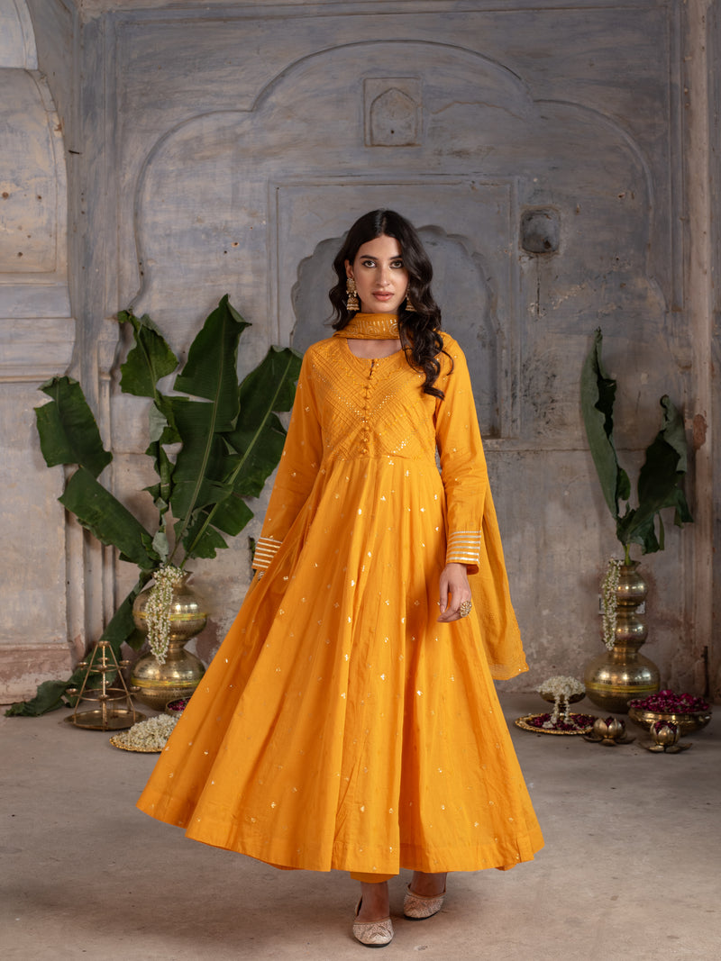 MUSTURD COTTON ROUND NECK KURTA PANT WITH KOTA DORIYA DUPATTA