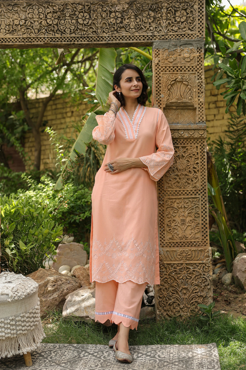 Atisha Peach round with v neck Kurta and Palazzo Set