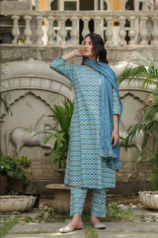 Powder Blue A-Line Kurta Pant Set With Dupatta