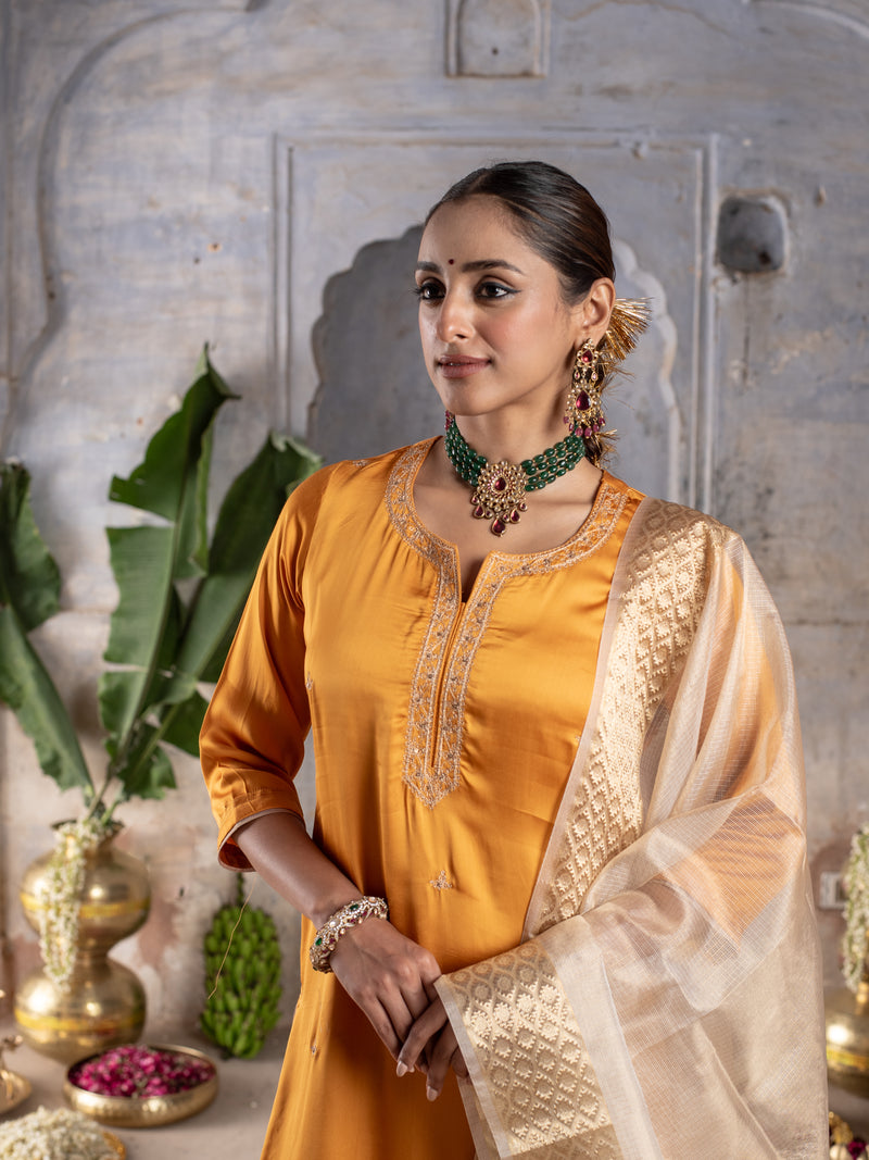 Golden Mustard Modal Silk Kurta Pant For Women's