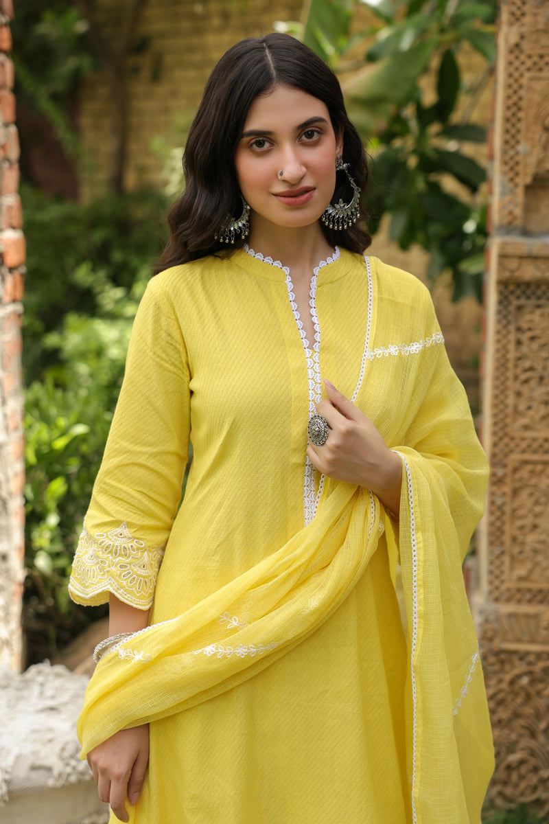 Lemon Yellow Kurta Cotton Dobby-Pant Cotton - With Kota Doriya Dupatta