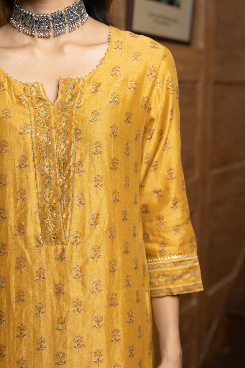 Mustard Chanderi Round Neck Complete Suit Set For Women's