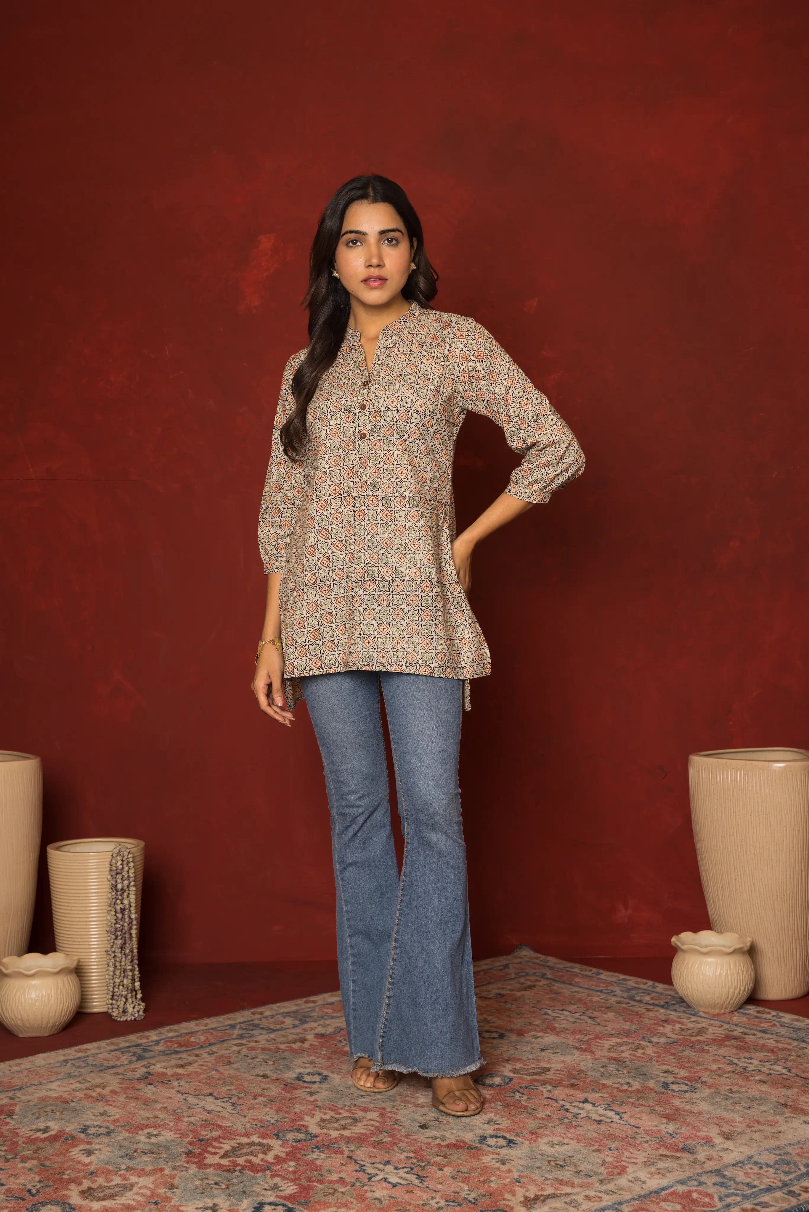 Multicoloured Cotton Collar Handblock Short Top For Women's