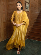Mustard Chanderi Round Neck Complete Suit Set For Women's