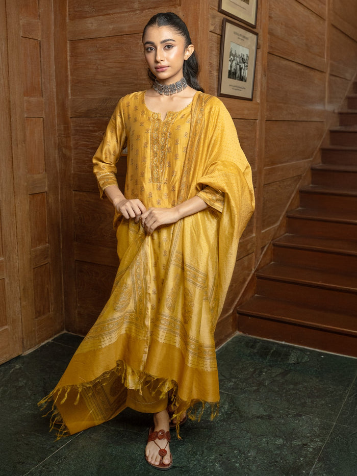 Mustard Chanderi Round Neck Complete Suit Set For Women's