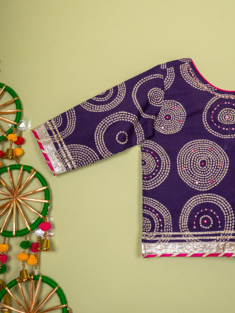 Brinjal Booti Work Round Neck Kids Girl Casual Kurta - Skirt - Dupatta