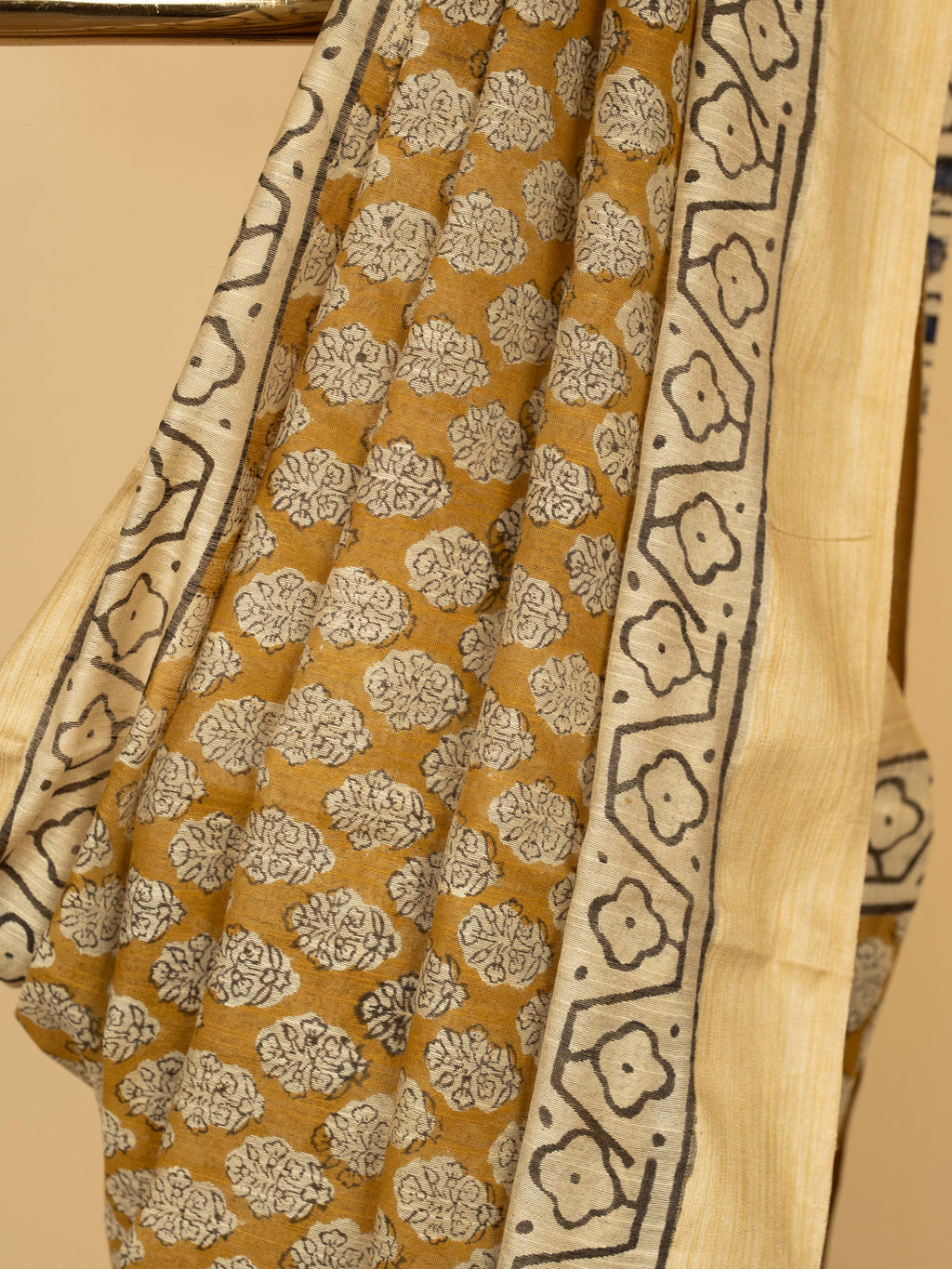 Dusty Yellow Cotton Block Print Saree