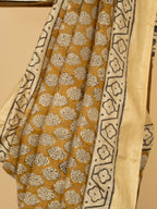 Dusty Yellow Cotton Block Print Saree