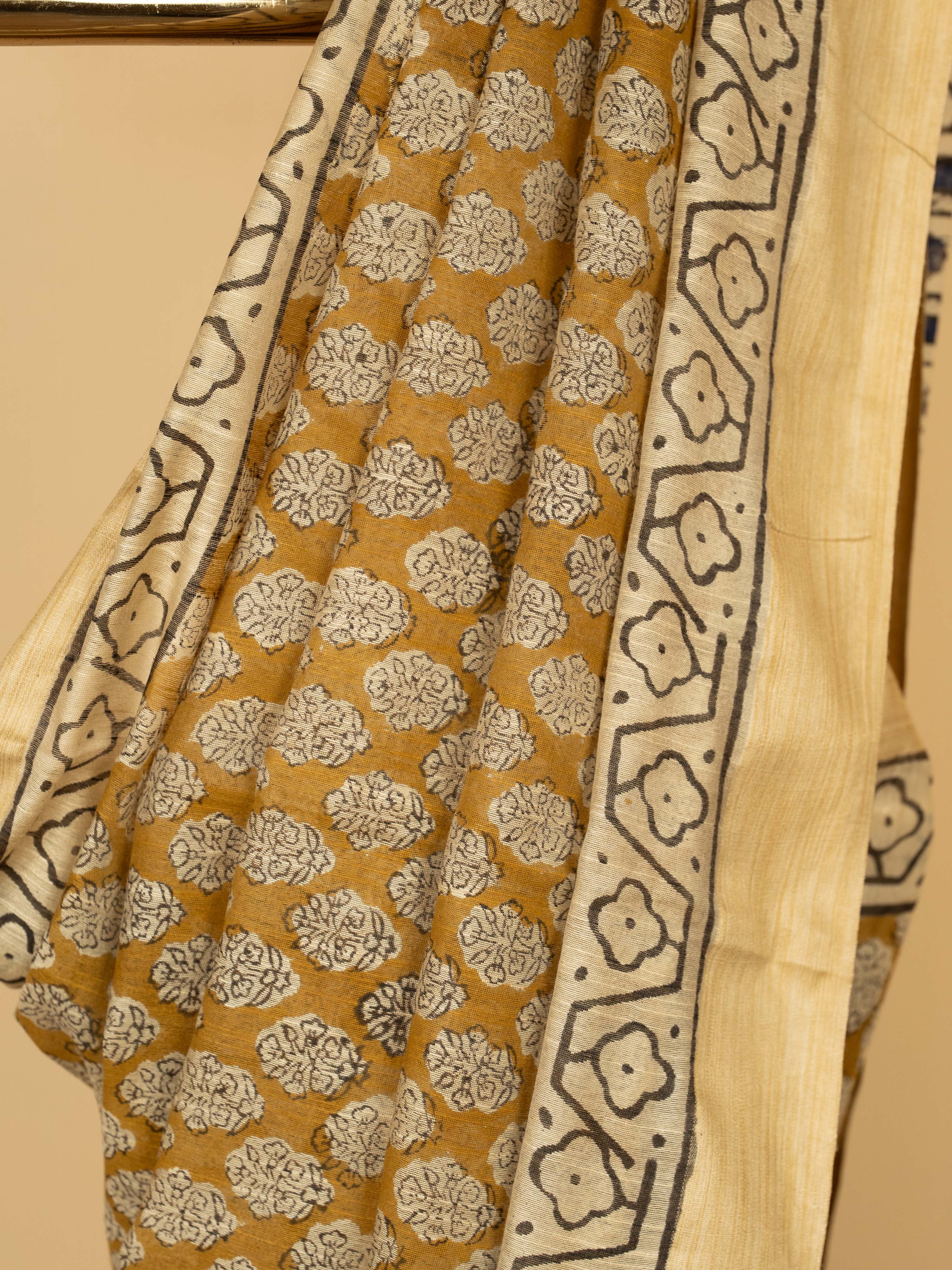 Dusty Yellow Cotton Block Print Saree