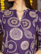Brinjal Cotton Round Neck Kurta Pant Set For Women's