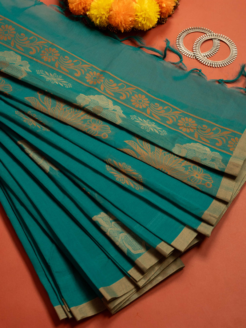 Peacock Green Colour Cotton Handloom Self Weaned Saree
