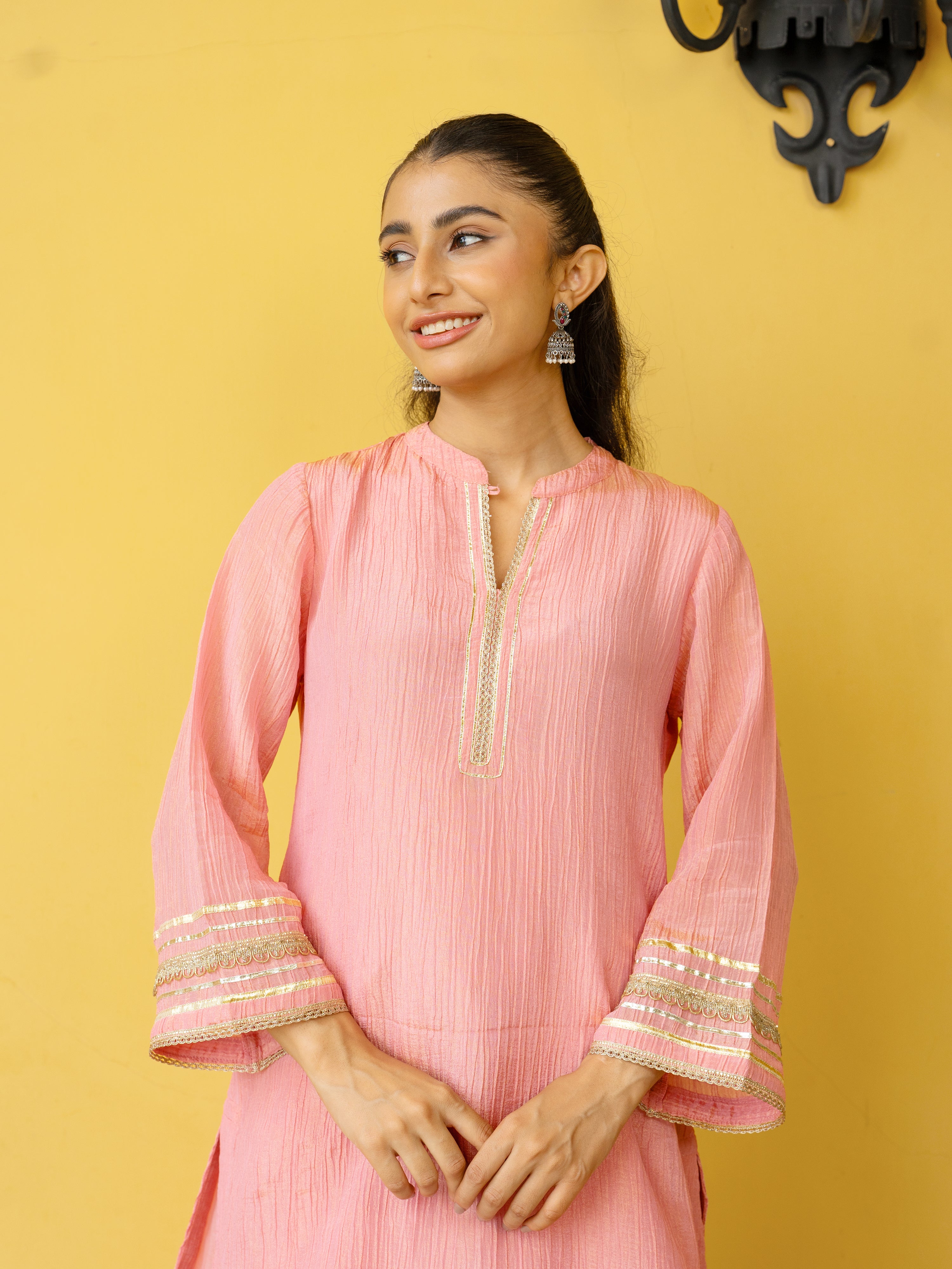 Pink Crushed Tissue Kurta Pant Set For Women's
