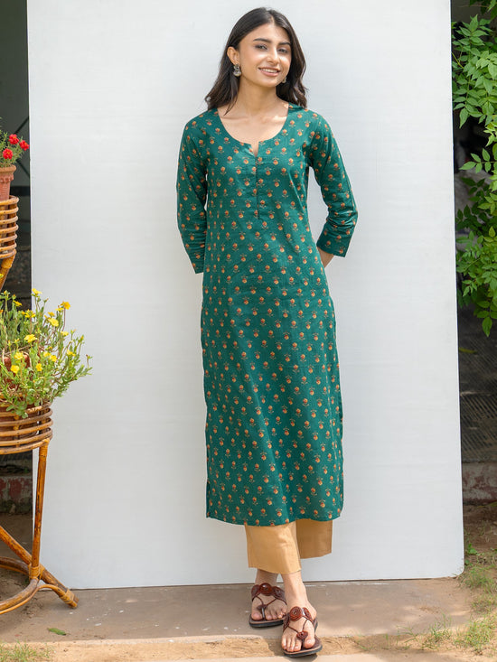 Green Cotton Printed Kurta For Women's