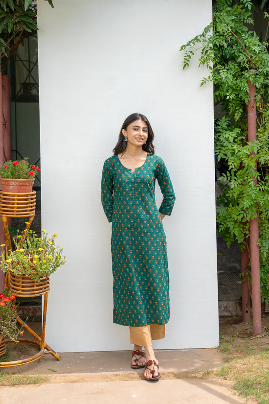 Green Cotton Printed Kurta For Women's